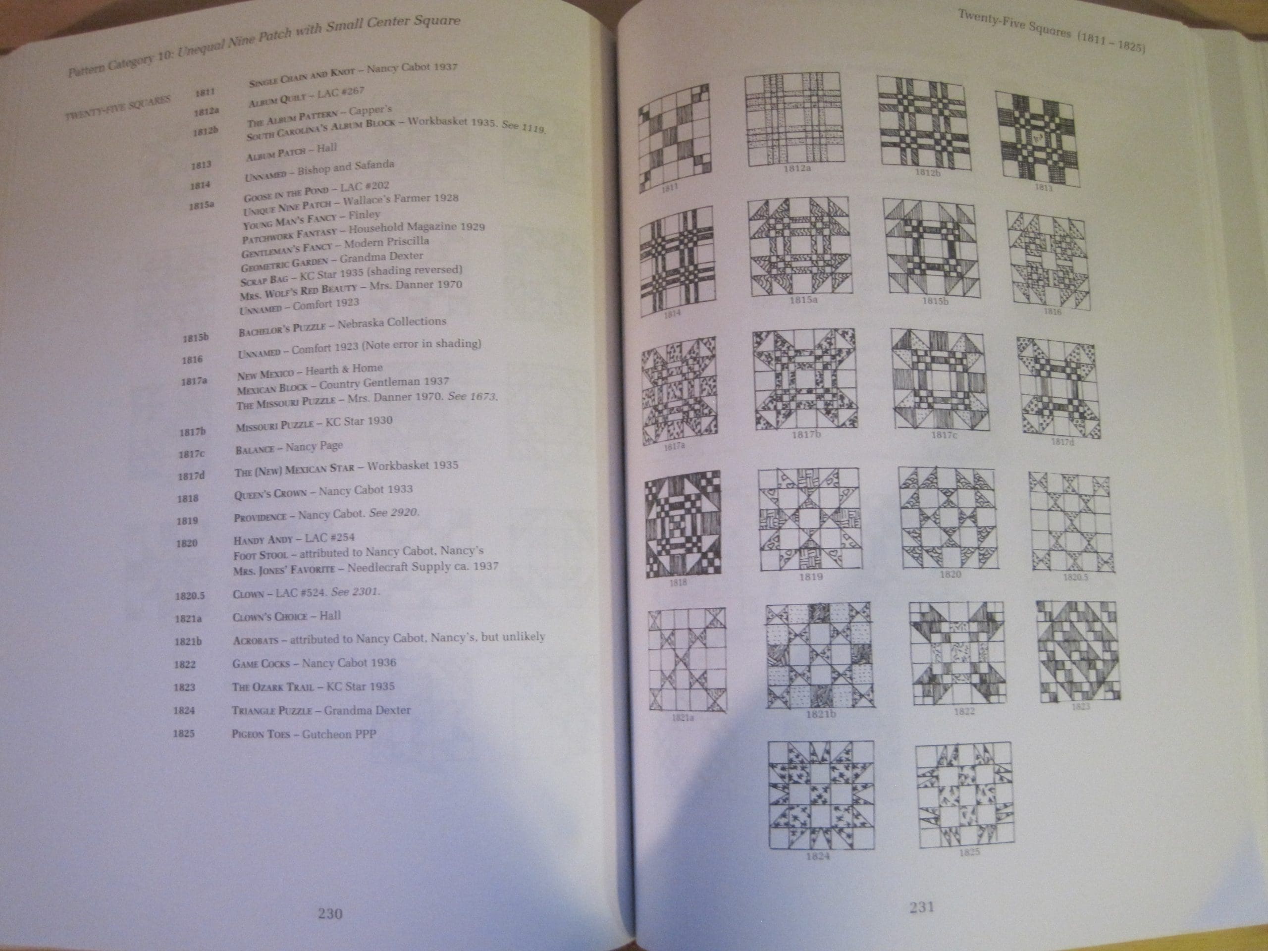 Here is the page that had the blocks that most resembled the block I wanted to use. I you have this book, and find a seven patch block, let me know.