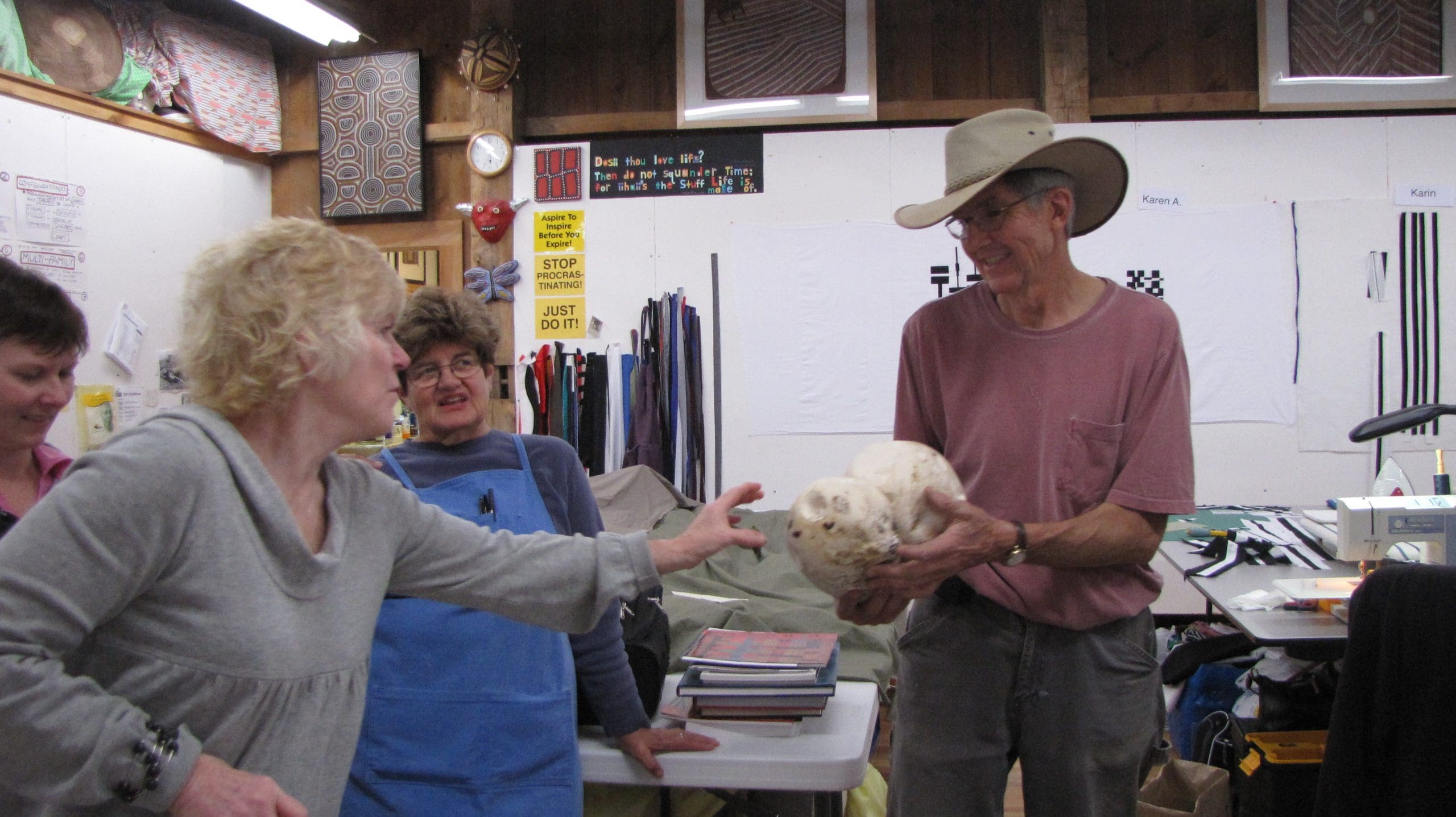 Part of the fun with studying at the Crow Barn are the behind the scenes antics of staff family. Here Nancy's husband John has brought a giant mushroom into the classroom.