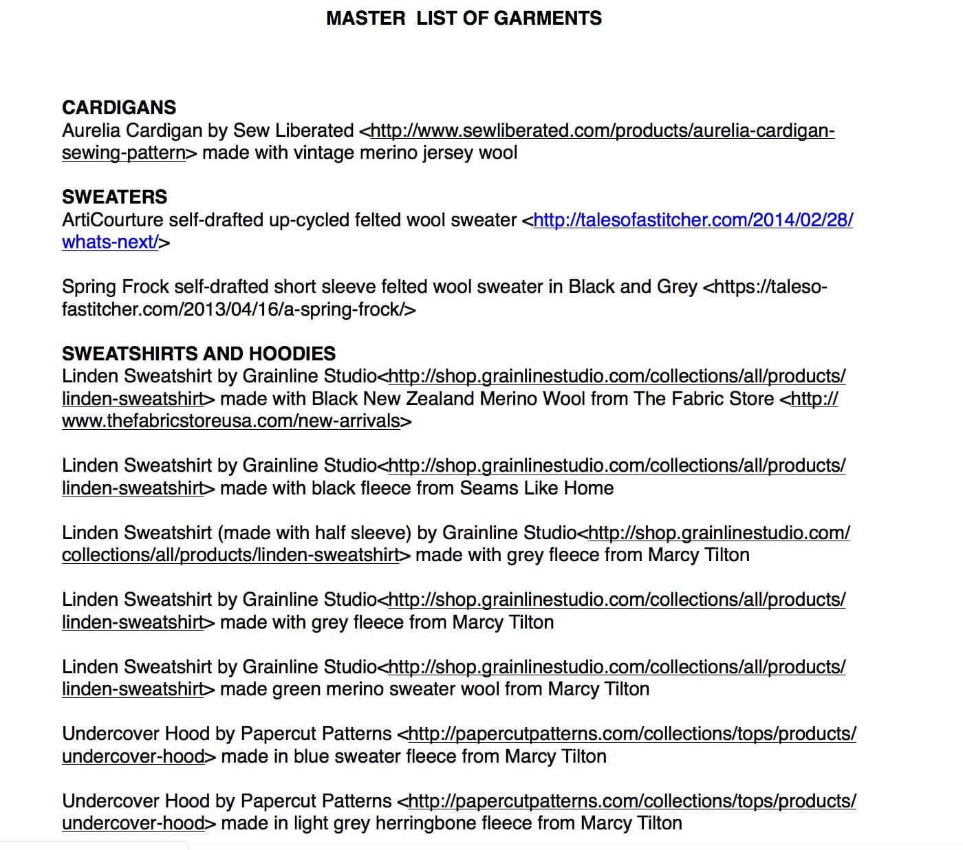 PED Photo of Master List of Garments